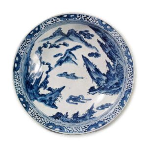 Large bowl with landscape design, blue and white