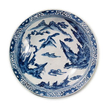 Large bowl with landscape design, blue and white