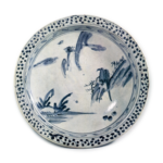 Large bowl with design of landscape with hawk, blue and white