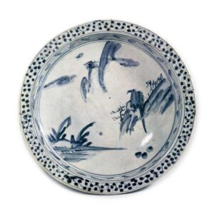 Large bowl with design of landscape with hawk, blue and white