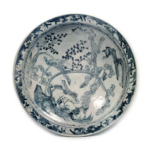 Large bowl with design of landscape, pine and plum trees, blue and white