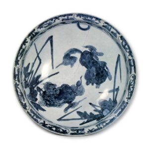 Large bowl with shishi (imaginary animal like lion) design, blue and white