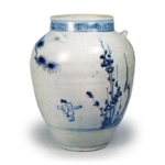 Jar with three handles with design of pine and plum trees and figure,blue and white