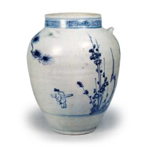 Jar with three handles with design of pine and plum trees and figure,blue and white