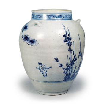 Jar with three handles with design of pine and plum trees and figure,blue and white