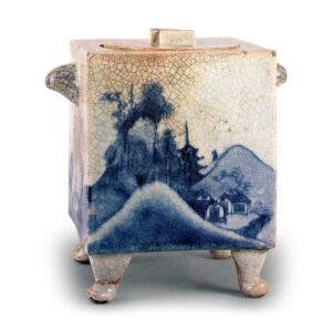 Square water jar with landscape design, blue and white