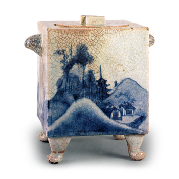 Square water jar with landscape design, blue and white