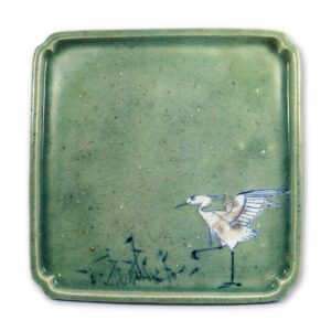 Square dish with reed and heron design, celadon glaze, underglaze, blue and white on reserved area