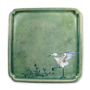 Square dish with reed and heron design, celadon glaze, underglaze, blue and white on reserved area