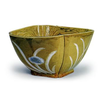 Deep bowl with flowering grass design, iron brown glaze, underglaze blue and white on reserved area