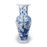 Flower vase with design of two birds in plum tree, blue and white
