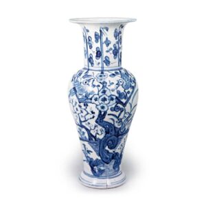 Flower vase with design of two birds in plum tree, blue and white