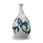 Large wine bottle with loquat and bird design, blue and white