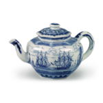 Octagonal ewer with Dutch ship design, blue and white