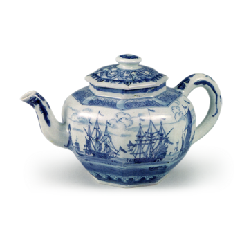 Octagonal ewer with Dutch ship design, blue and white