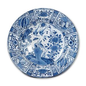 Large dish with flower-and-bird design, blue and white