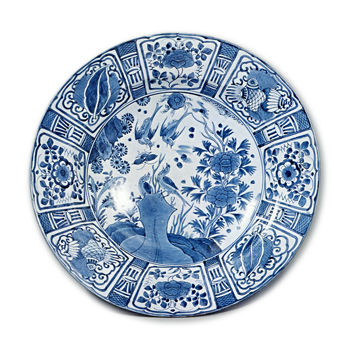 Large dish with flower-and-bird design, blue and white