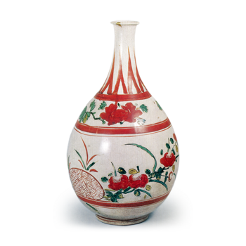 Large wine bottle with camellia design, enamelled ware