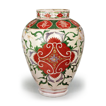Large octagonal jar with karahana (conventionalized) flower design,enamelled ware