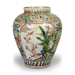 Jar with banana-tree and plum design, enamelled ware