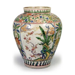 Jar with banana-tree and plum design, enamelled ware