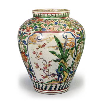 Jar with banana-tree and plum design, enamelled ware