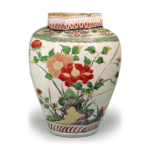 Large octagonal jar with peony and camellia design, enamelled ware