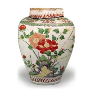 Large octagonal jar with peony and camellia design, enamelled ware