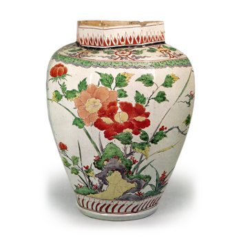 Large octagonal jar with peony and camellia design, enamelled ware