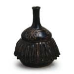 Tamba Wine bottle with chrysanthemum design, black glaze