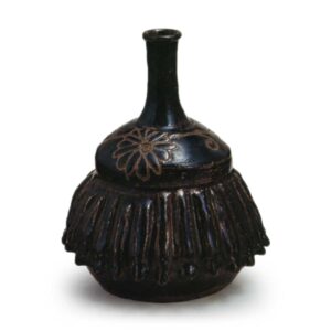 Tamba Wine bottle with chrysanthemum design, black glaze