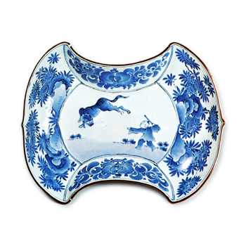 Bowl in shape of balance weight with Chinese boy and tiger design,