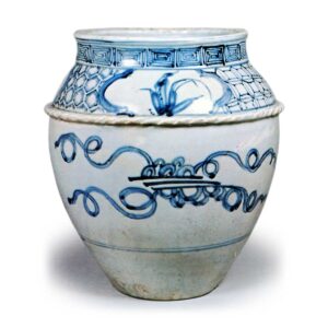 Jar with scrolling grass design,