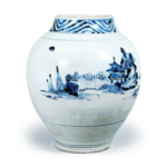 Jar with design of landscape with pavilion,