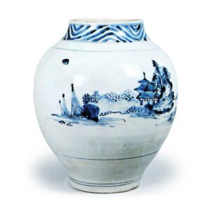 Jar with design of landscape with pavilion,