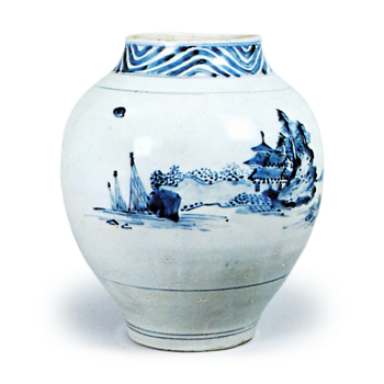 Jar with design of landscape with pavilion,