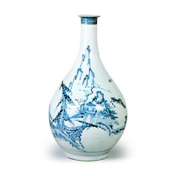 Large wine bottle with design of landscape with pavilion,