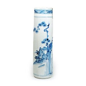 Hanging flower vase with design of landscape with pavilion,