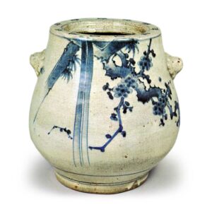 Water jar with two handles with design of plum-tree and flying bird,