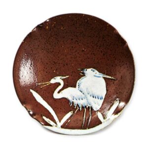 Dish with heron design, iron brown glaze,