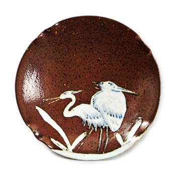 Dish with heron design, iron brown glaze,