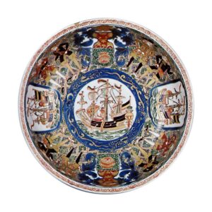 Bowl with design of five sailboats, enamelled ware