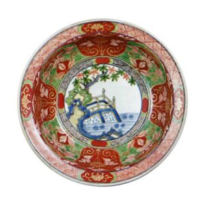 Bowl with design of trees and hand-rail, enamelled ware