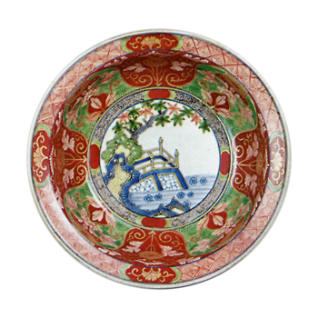 Bowl with design of trees and hand-rail, enamelled ware