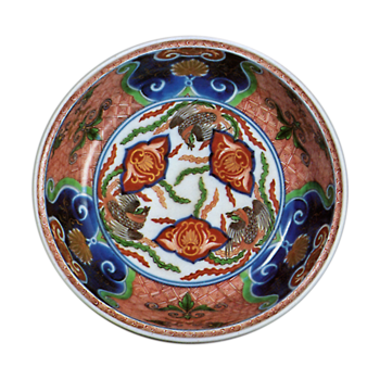 Bowl with flying phoenix design, enamelled ware