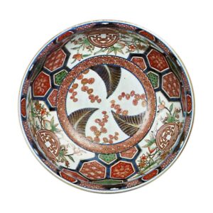 Bowl with design of character meaning "Congratulations", hexagons and roundel, enamelled ware