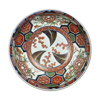 Bowl with design of character meaning "Congratulations", hexagons and roundel, enamelled ware