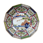 Bowl with design of landscape with pavilion, enamelled ware