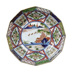 Bowl with design of landscape with pavilion, enamelled ware