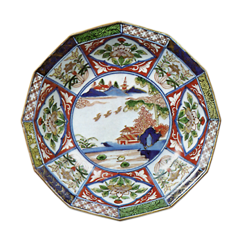 Bowl with design of landscape with pavilion, enamelled ware